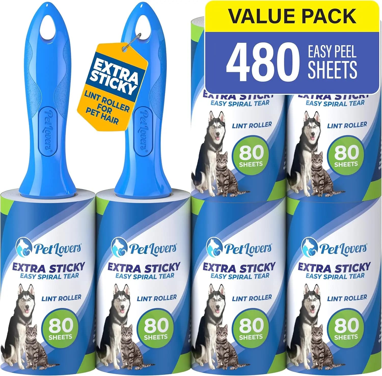 Extra Sticky Lint Rollers for Pet Hair, 6 Pack with 480 Sheets, Lint Remover for Clothes & Furniture