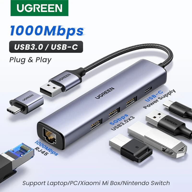 UGREEN USB Ethernet Adapter 1000/100Mbps USB3.0 HUB RJ45 Lan per PC portatile Xiaomi Mi Box Macbook Windows USB-C HUB scheda di rete