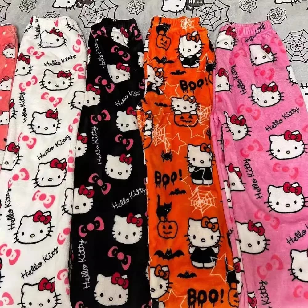 Hello Kitty Flannel Pants for Halloween, Women's Casual Velvet Pants Hot for Autumn and Winter
