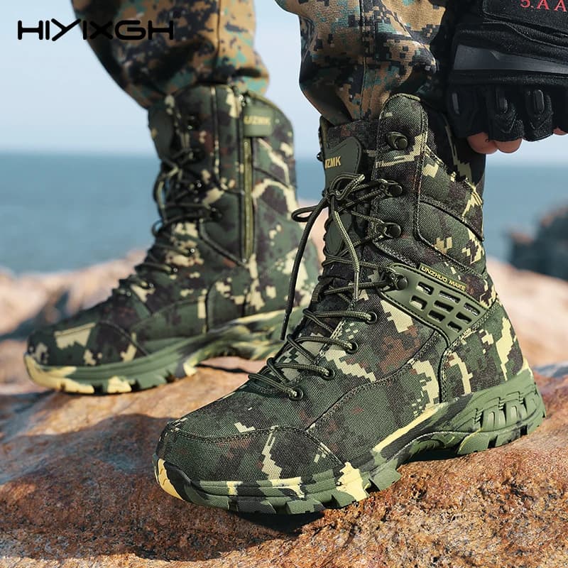 Scarponi da trekking mimetici verdi per uomo, scarpe da trekking alte, stivali da caccia all'aperto antiscivolo, stivali da deserto, scarpe da arrampicata