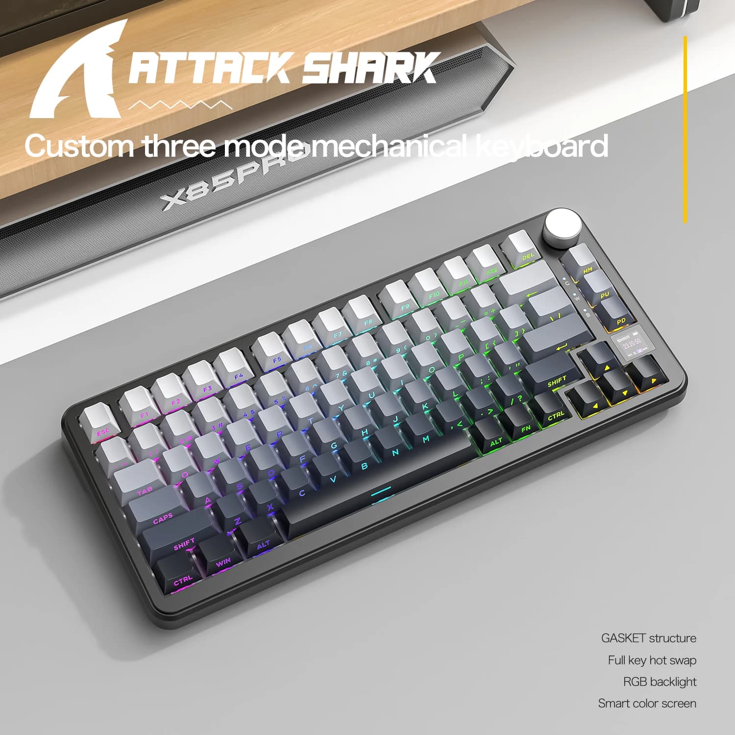 Tastiera Meccanica Wireless Attack Shark X85PRO RGB, Manopola in Lega, Schermo a Colori Intelligente, Struttura GASKET, Hot Swap Completo, Compatibile Win/Mac