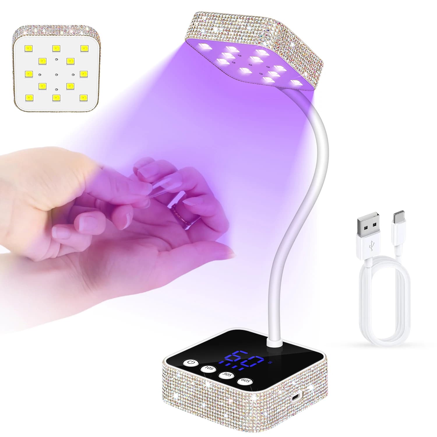 Lampada per unghie ricaricabile a LED UV Lampada polimerizzante senza fili con 360 ° Collo di cigno regolabile e 3 impostazioni timer per unghie in gel