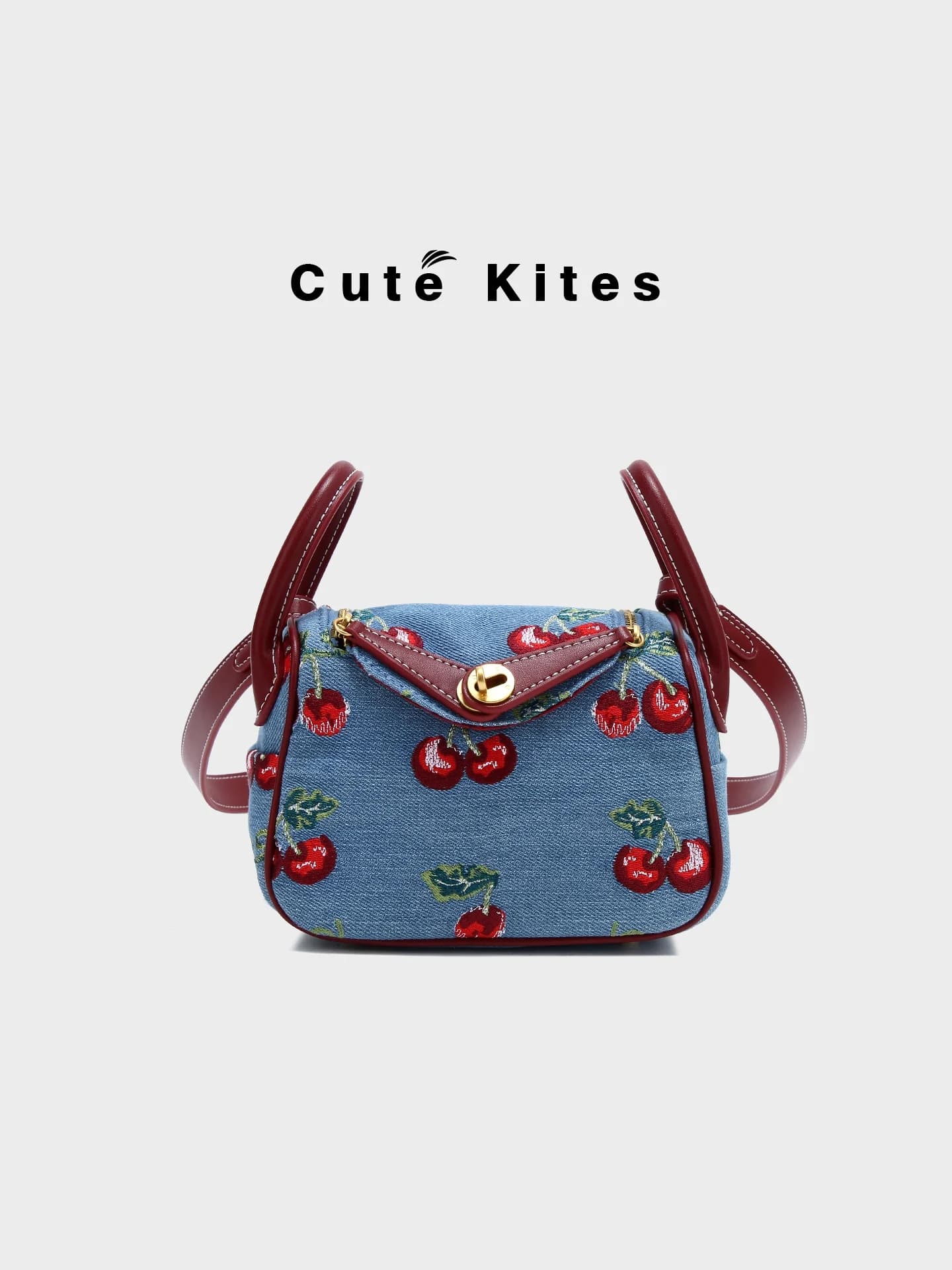 Cute Kites Faion Cherry Print Denim Underarm Bag Woman New Boston Blue Bag 2025 Single Shoulder Bag Daily Match