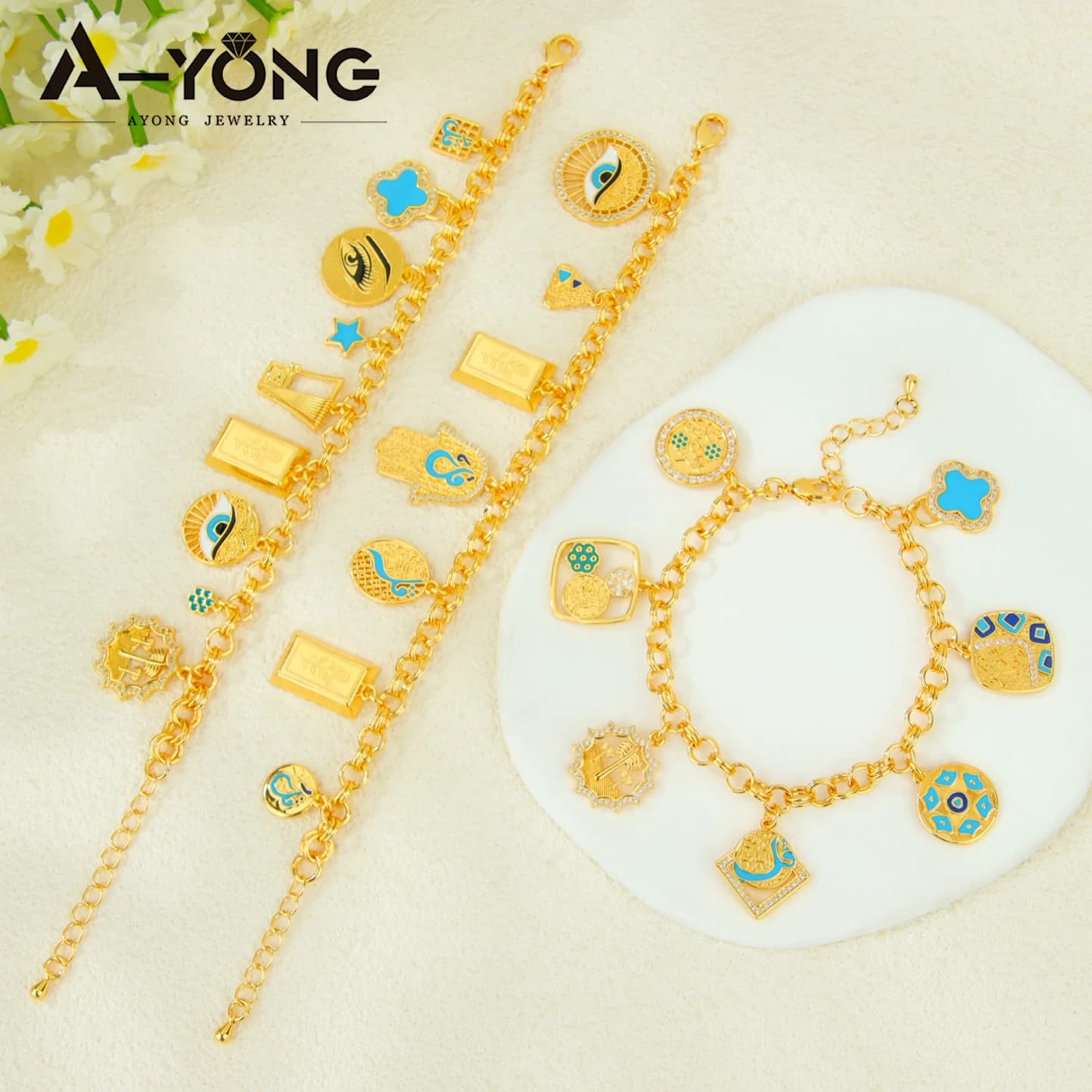 Bracciale Charm Moda Araba Placcato Oro 21k, Catene Portafortuna Islamiche Italiane Hip Hop, Gioielli da Donna Dubai per Eventi, Feste e Uso Quotidiano