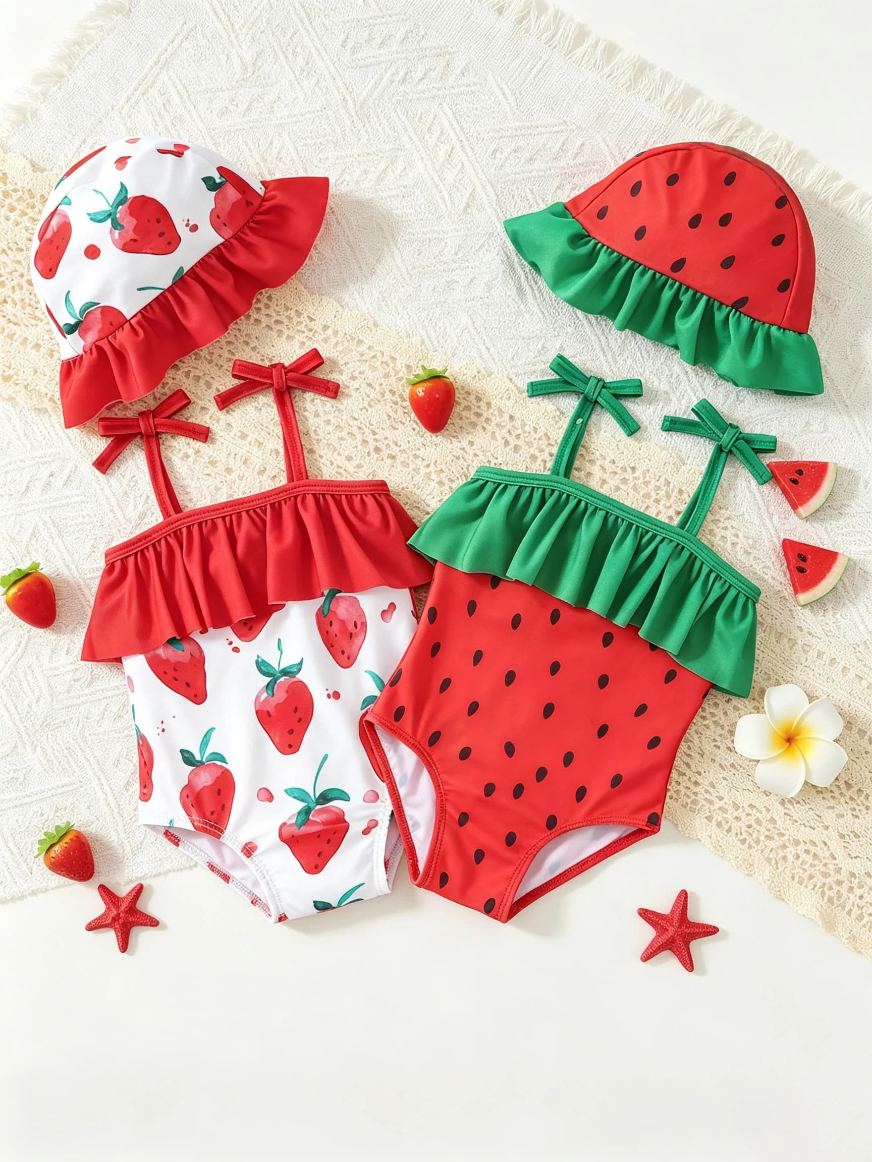 2 Styles Summer Girls Fruit Print One Piece Swimsuit Set, Comes with Matching Ruffle Bucket Swim Cap