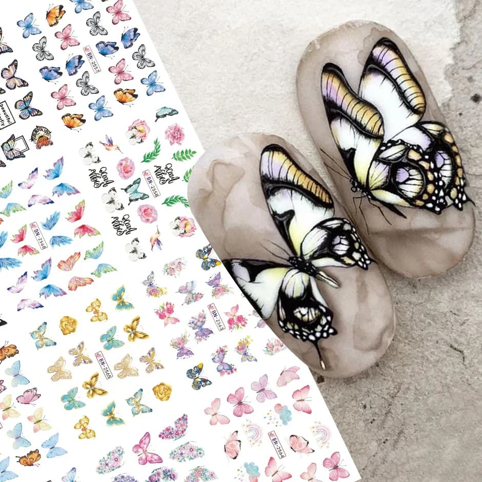 12 flower stickers for nail art design, water decals, transfer, butterfly, flower, leaf, pink, design, sliders, charm, decals for manicure, tattoo