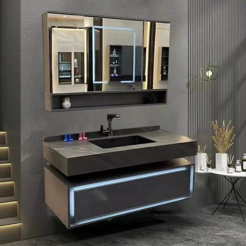 Mobile Bagno Integrato di Lusso Leggero e Semplice con Specchio Pieghevole Feng Shui, Lavabo e Tavolo per il Lavaggio del Viso