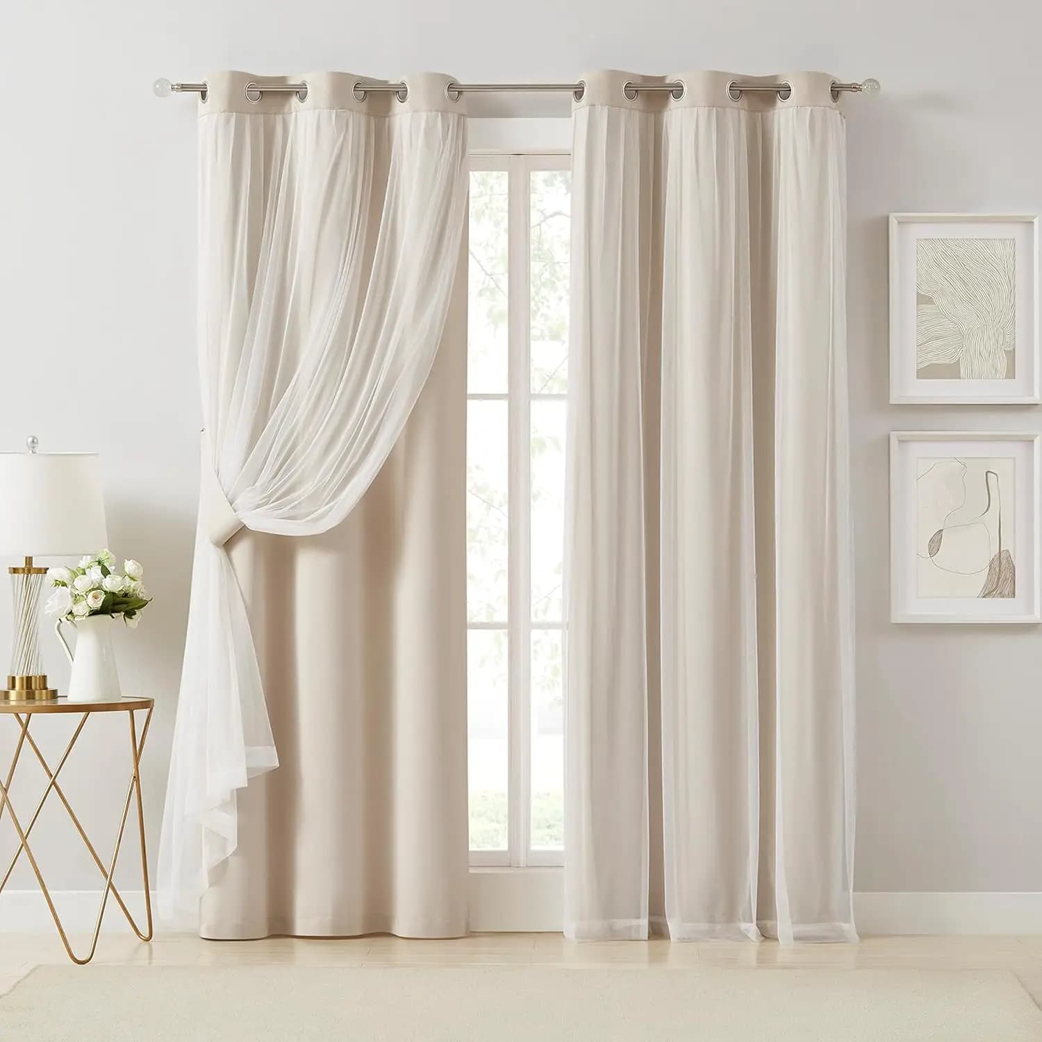 90% Beige Dark Curtains with Transparent Overlay, Double Thermal Insulating Sheet for Living Room and Bedroom, with Eyelets