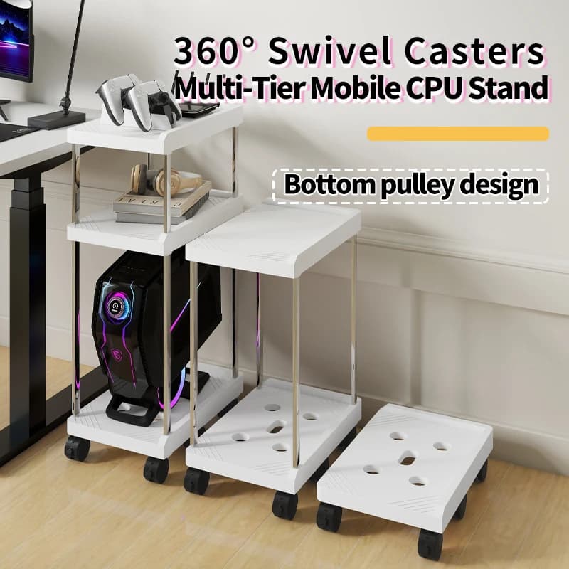 Supporto CPU Sottoscrivania con Ruote, Porta PC Mobile, Scaffale Multilivello per Forniture da Ufficio e Libri