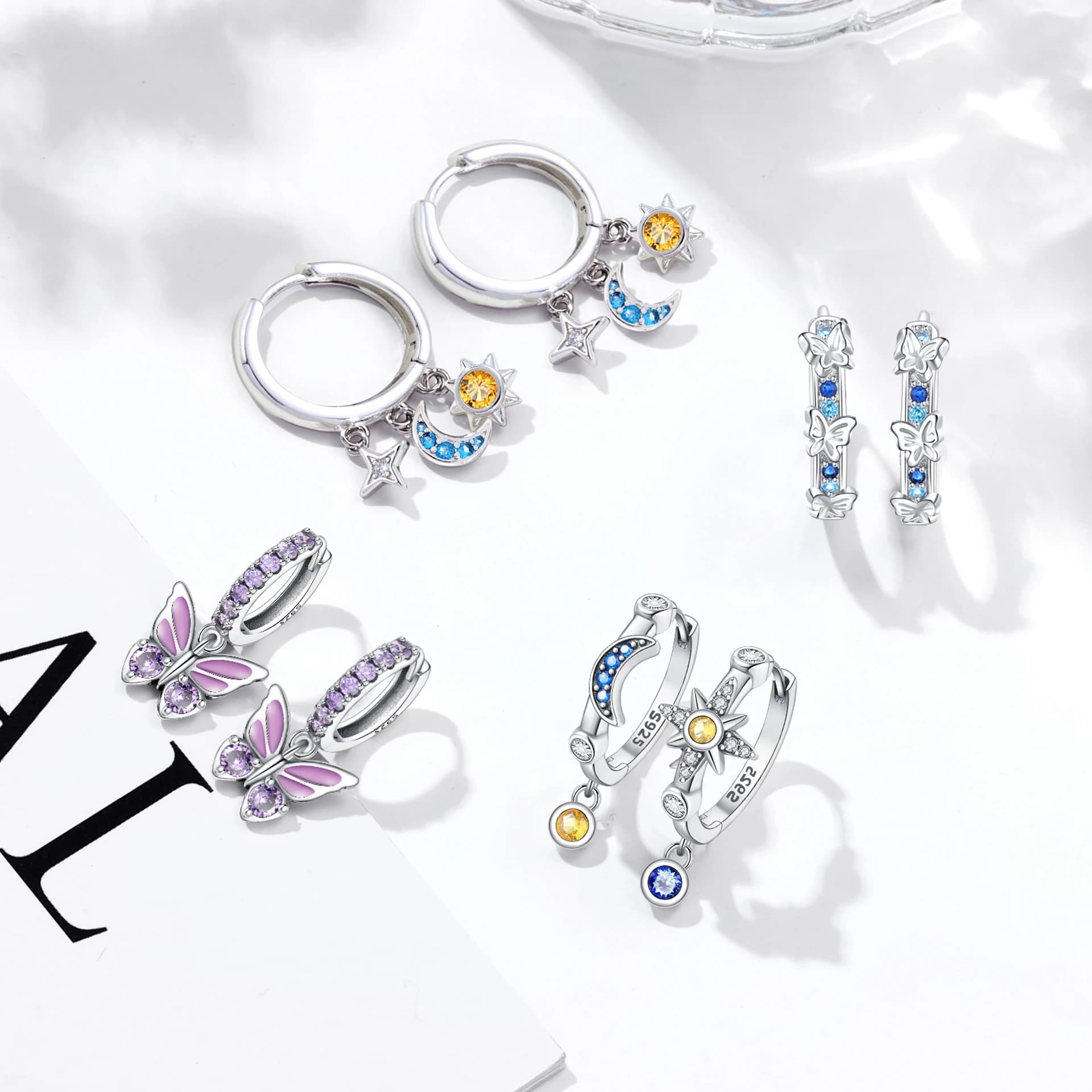 MISEFF S925 Sterling Silver Earrings exquisite with star, moon and butterfly for women, fashion jewelry, birthday gift