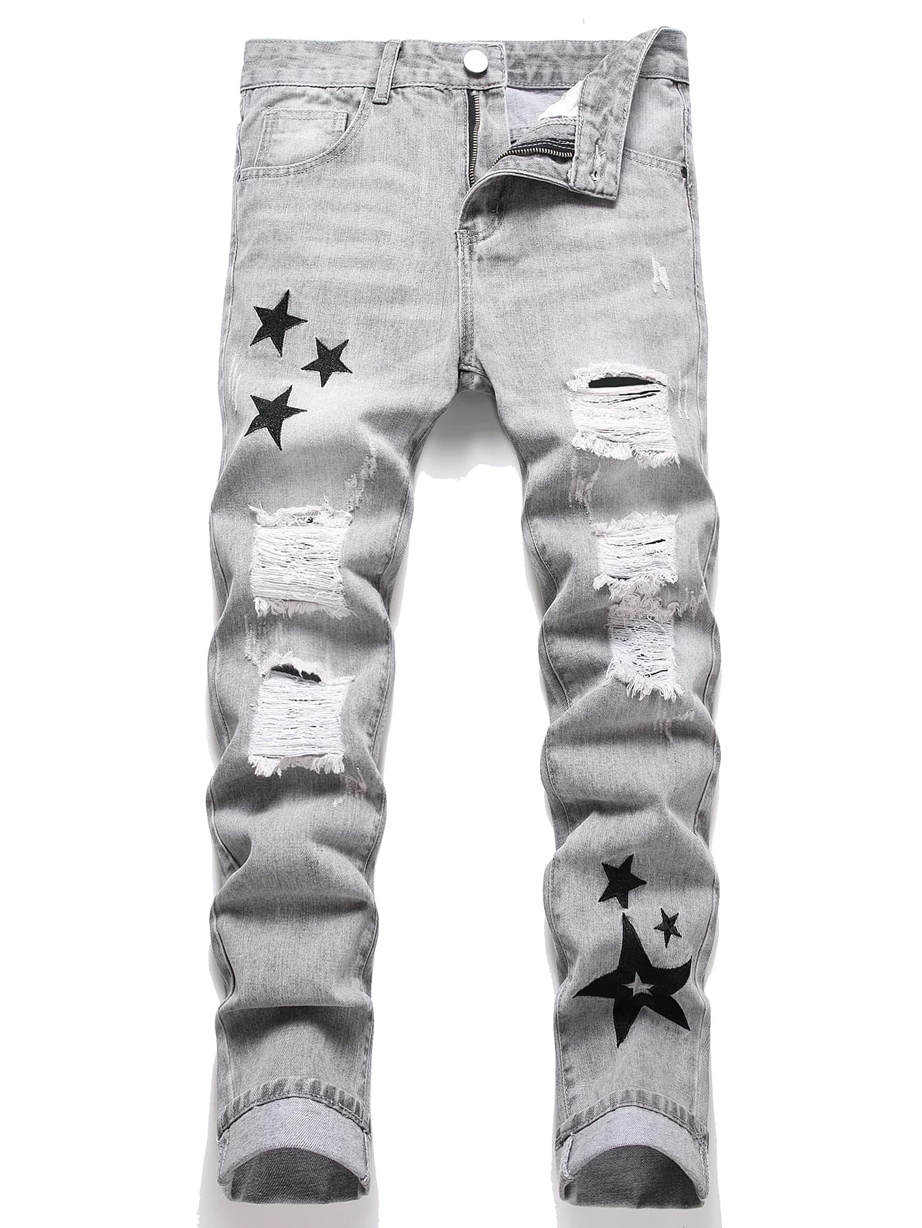 Jeans da uomo Y2K - Gamba dritta a vita media grigia alla moda, strappati invecchiati con baffi e lavaggi grunge, stile cool street