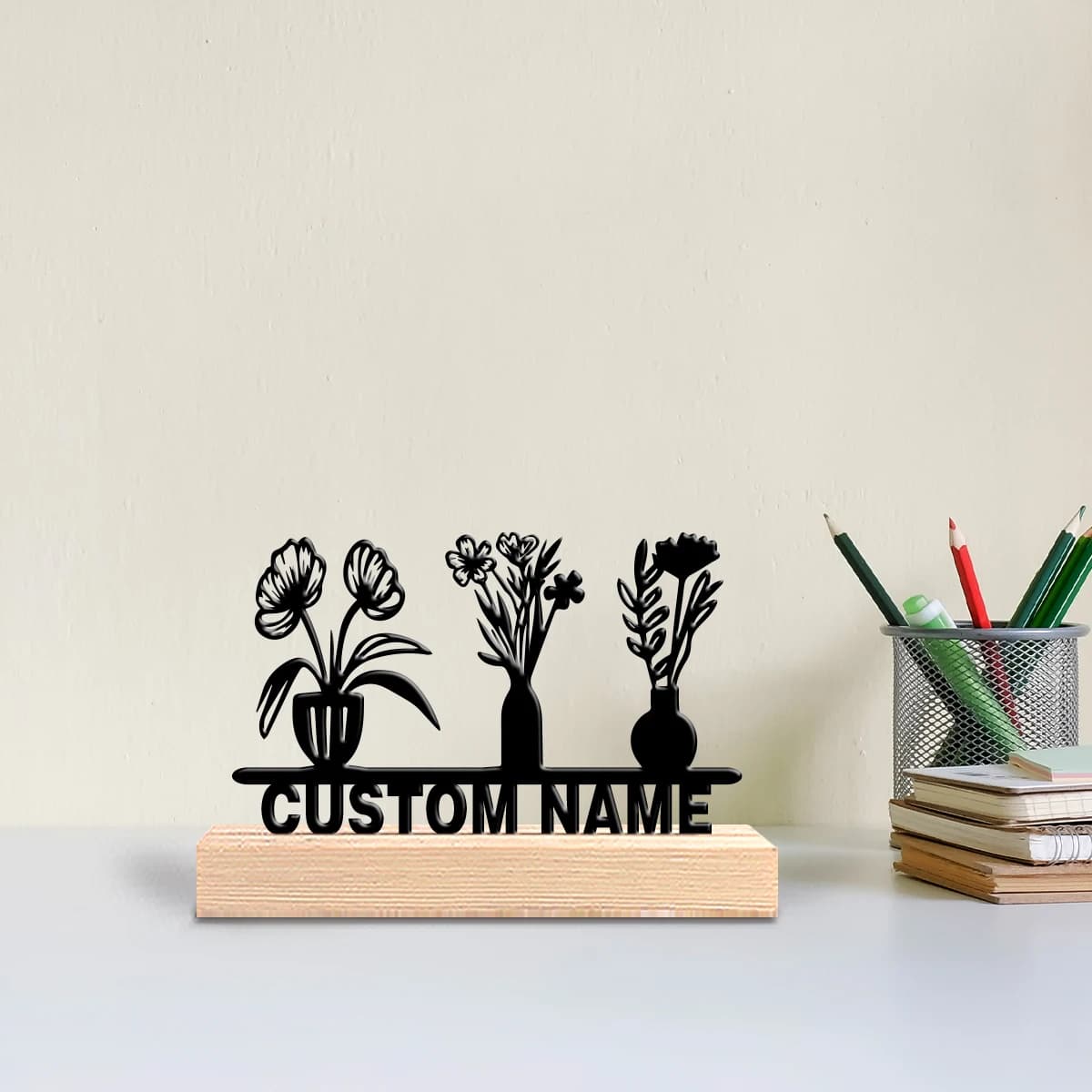 Custom Metal Statue with Three Jars of Flowers and Wood Base, Table Decoration, Nautical Wall Art with Wood Base