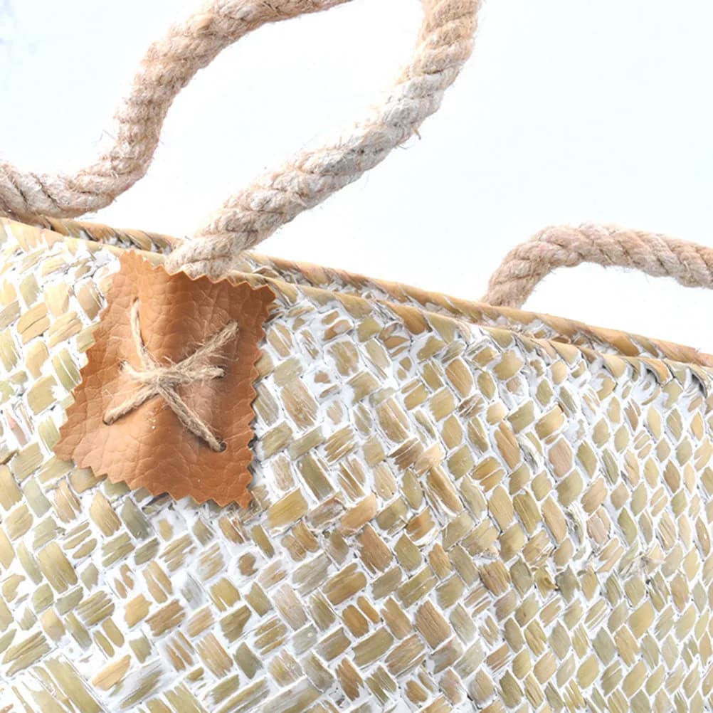 White Small Woven Seagrass Flower Pot Planter Basket Multiuse Desktop Storage Box Natural Rattan Laundry Basket