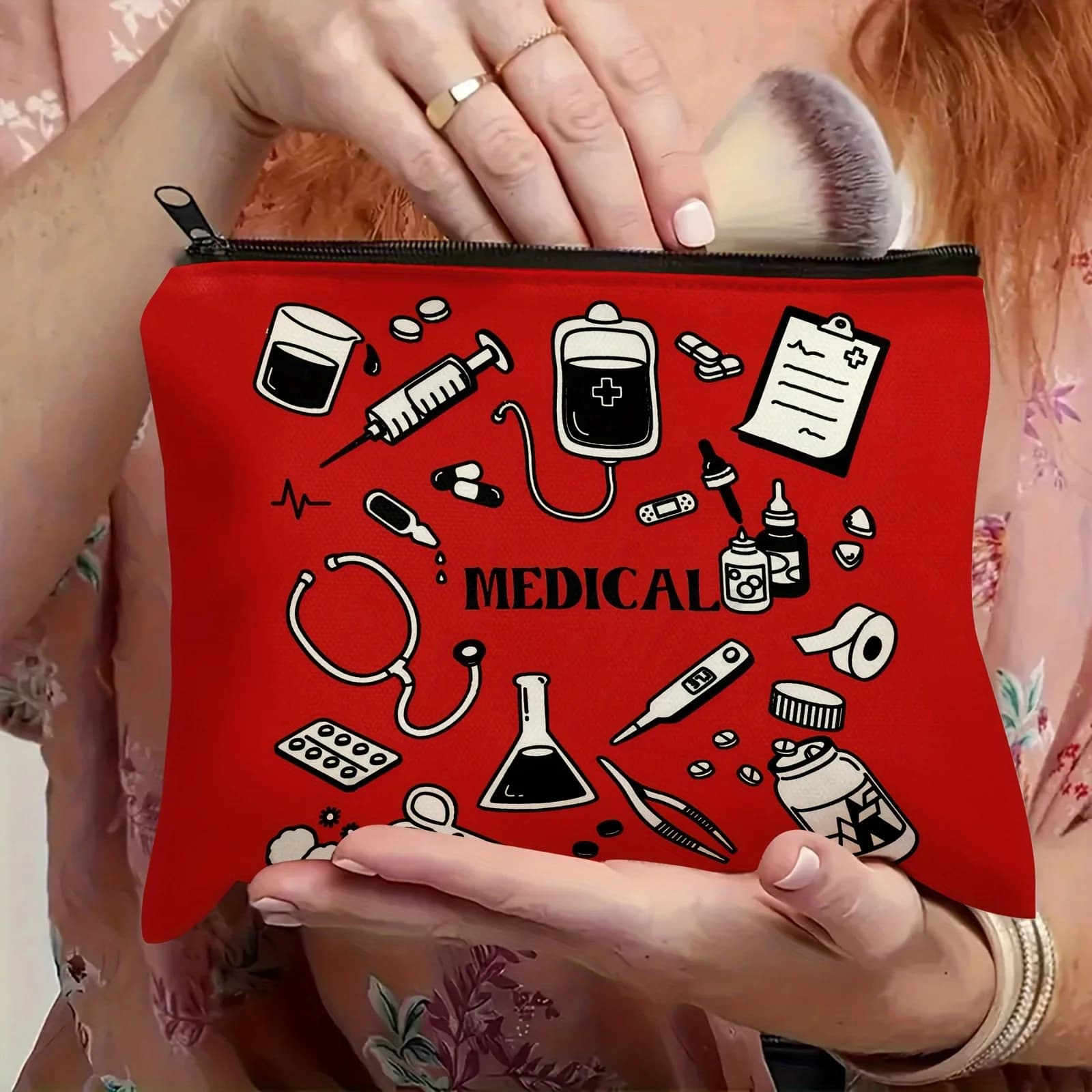 Red Unisex Adult Medication Bag - Compact Travel Pill Organizer with Black Doodles, First Aid Kit, Travel Pill Organizer
