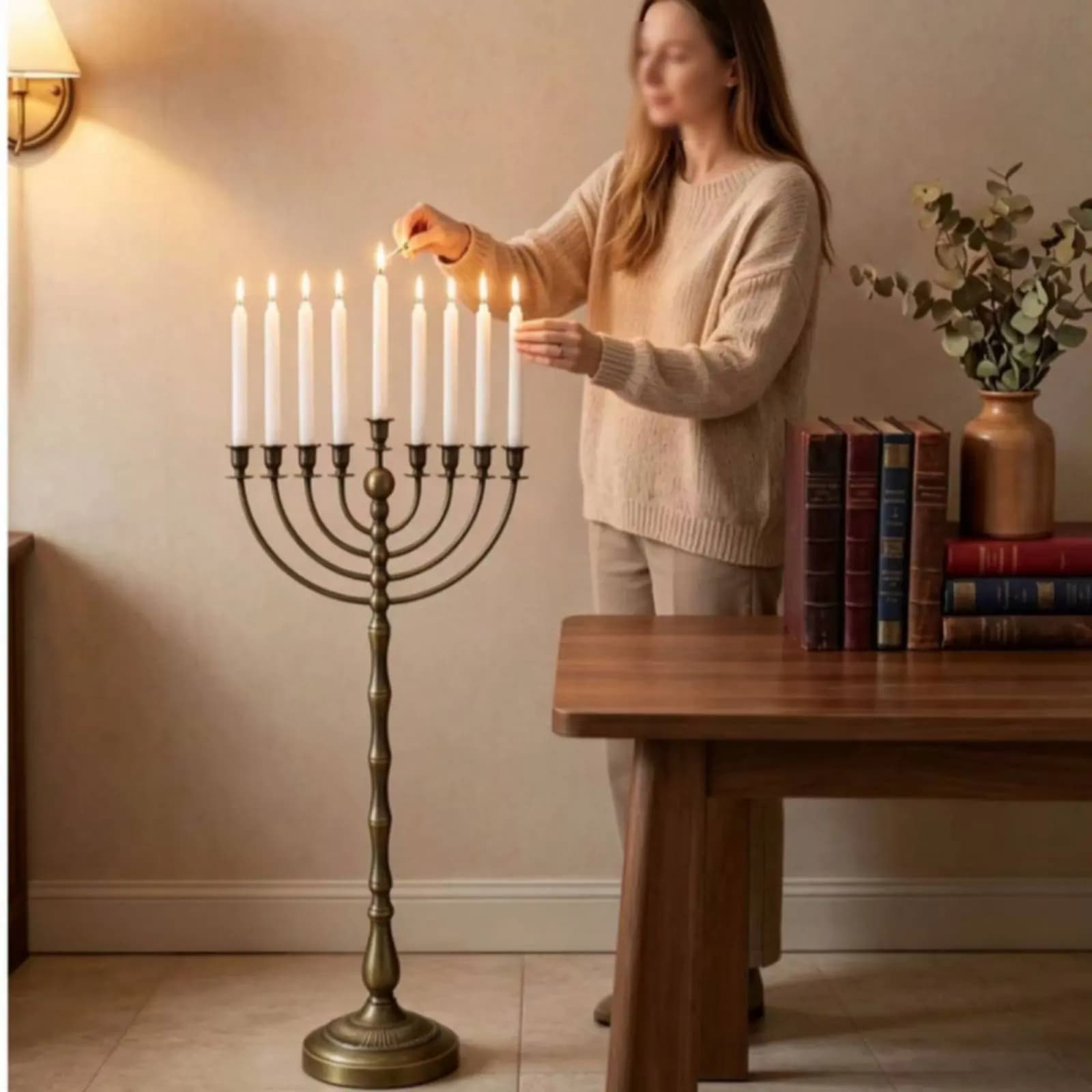 Candelabro da Terra in Bronzo Antico, Struttura in Metallo, Base Stabile, Portacandele a 9 Bracci