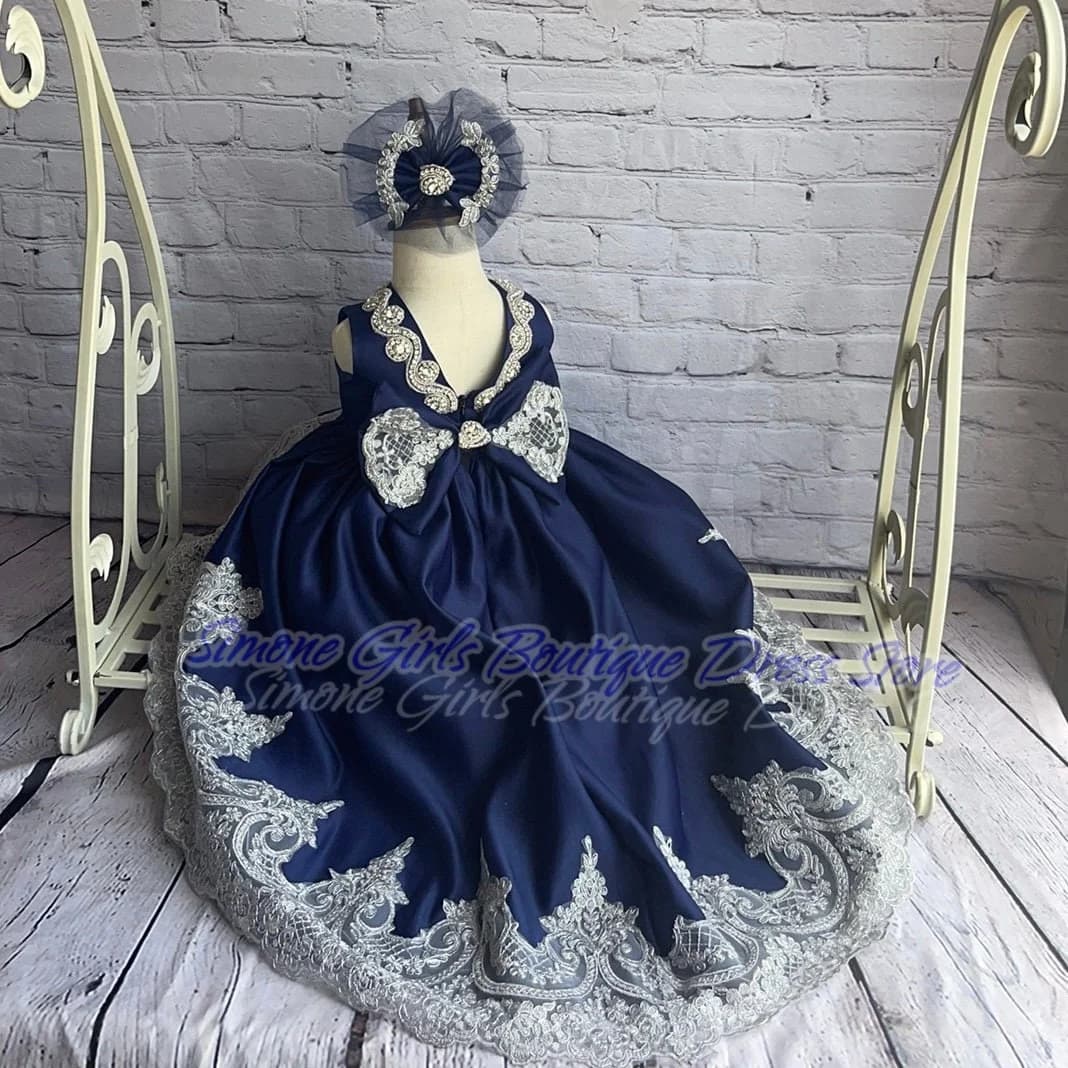 Cuciture in pizzo Blu scuro Gonna abito senza maniche senza schienale Abito da ragazza di fiori per festa di compleanno Abito da ballo Spettacoli di danza Festa
