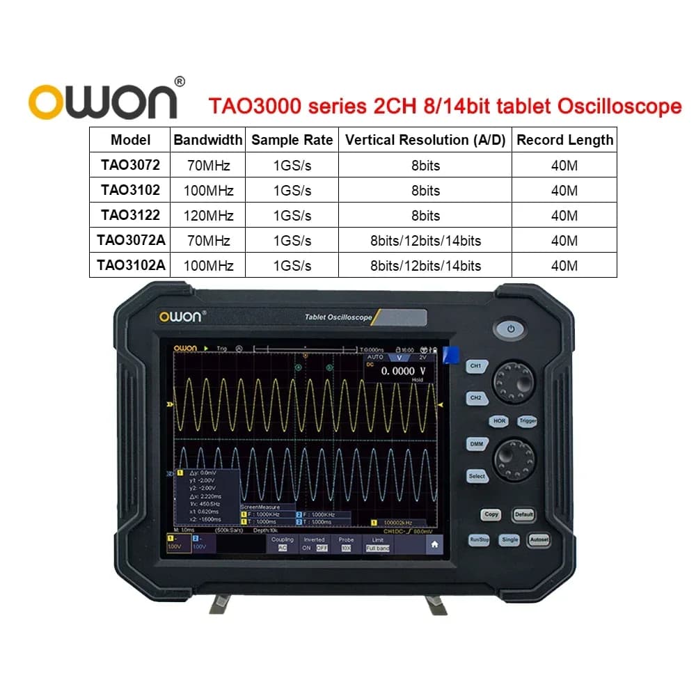 OWON Tablet portatile Oscilloscopio digitale 2CH 1GS/s 8 bit TAO3072 TAO3102 14 bit TAO3102A 70/100/120 MHz Multimetro digitale