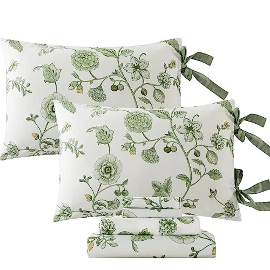 Set di Lenzuola Premium in Cotone Percalle con Stampa Floreale, Stile Shabby Chic Vintage, Lenzuola Toile con Motivo Floreale e Fiocco, Fresche e Rinfrescanti