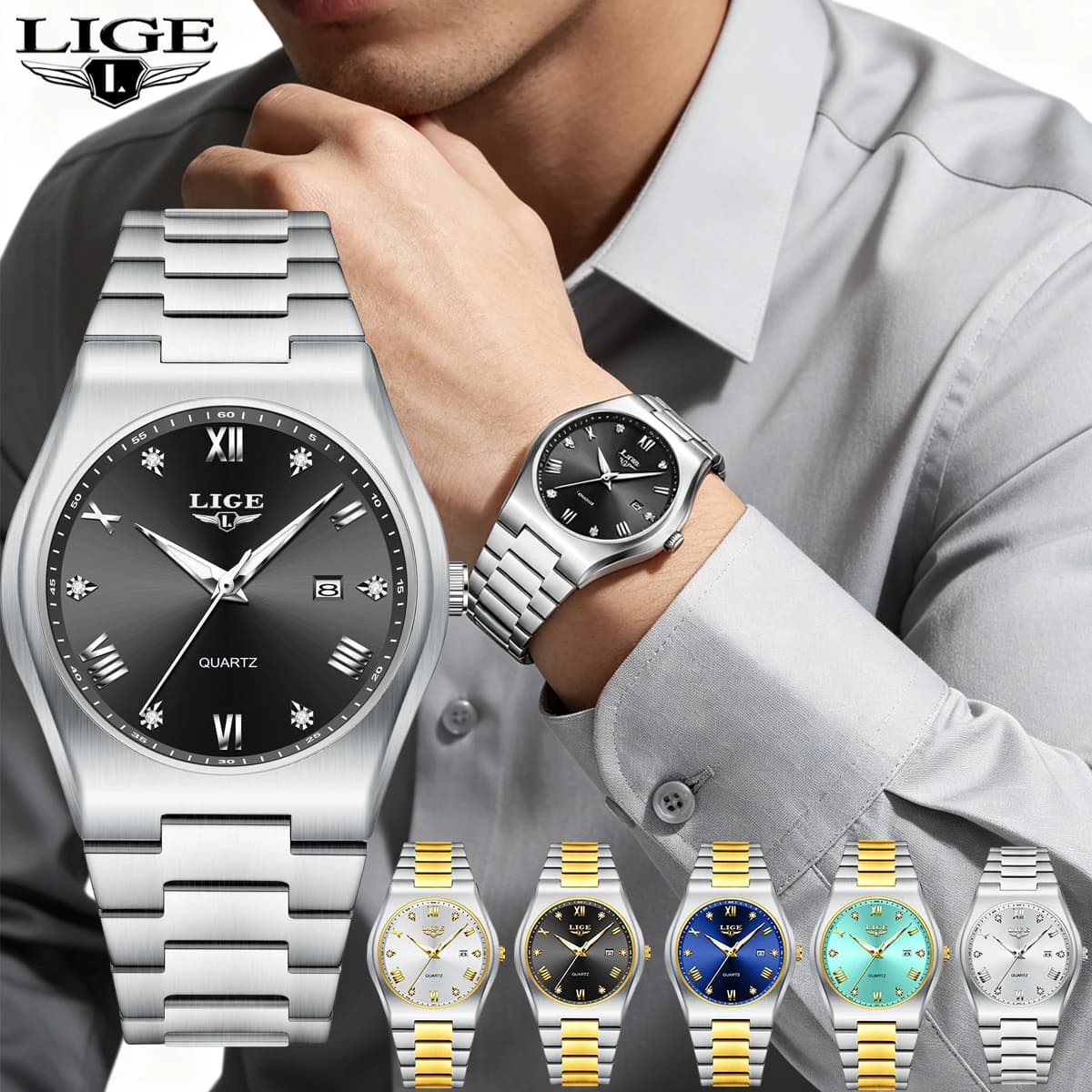 LIGE Fashion Men's Quartz Watch Stainless Steel Waterproof Luminous Man Watch Chronograph Date Multifunction Watches For Men Box