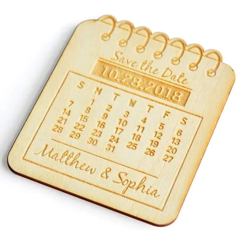 Matrimonio in legno personalizzato salva la data Magnete, nomi incisi al laser, fidanzamento per la sposa e lo sposo, invito a nozze rustico