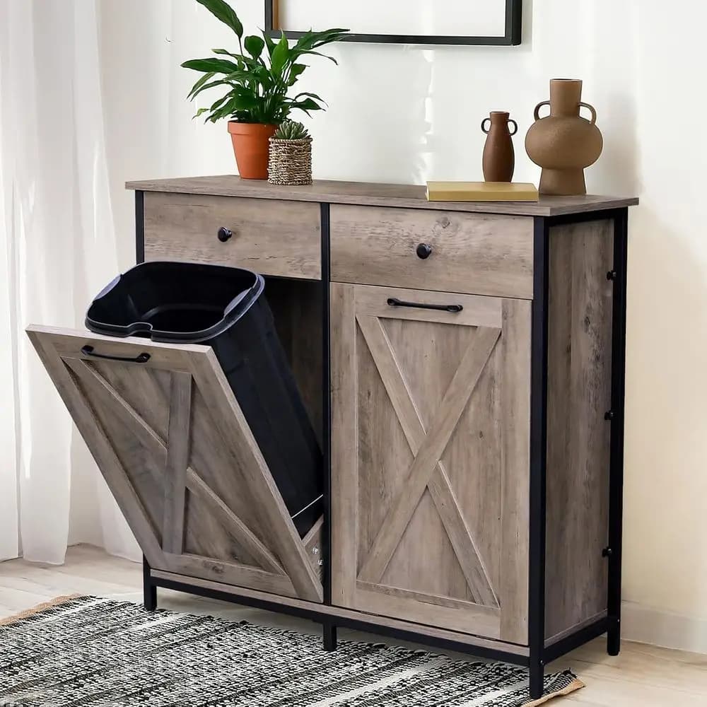 Mobiletto da cucina in legno da 20 galloni per la raccolta differenziata con cestino nascosto e piano d'appoggio, contenitore per rifiuti a prova di cane (Grigio)