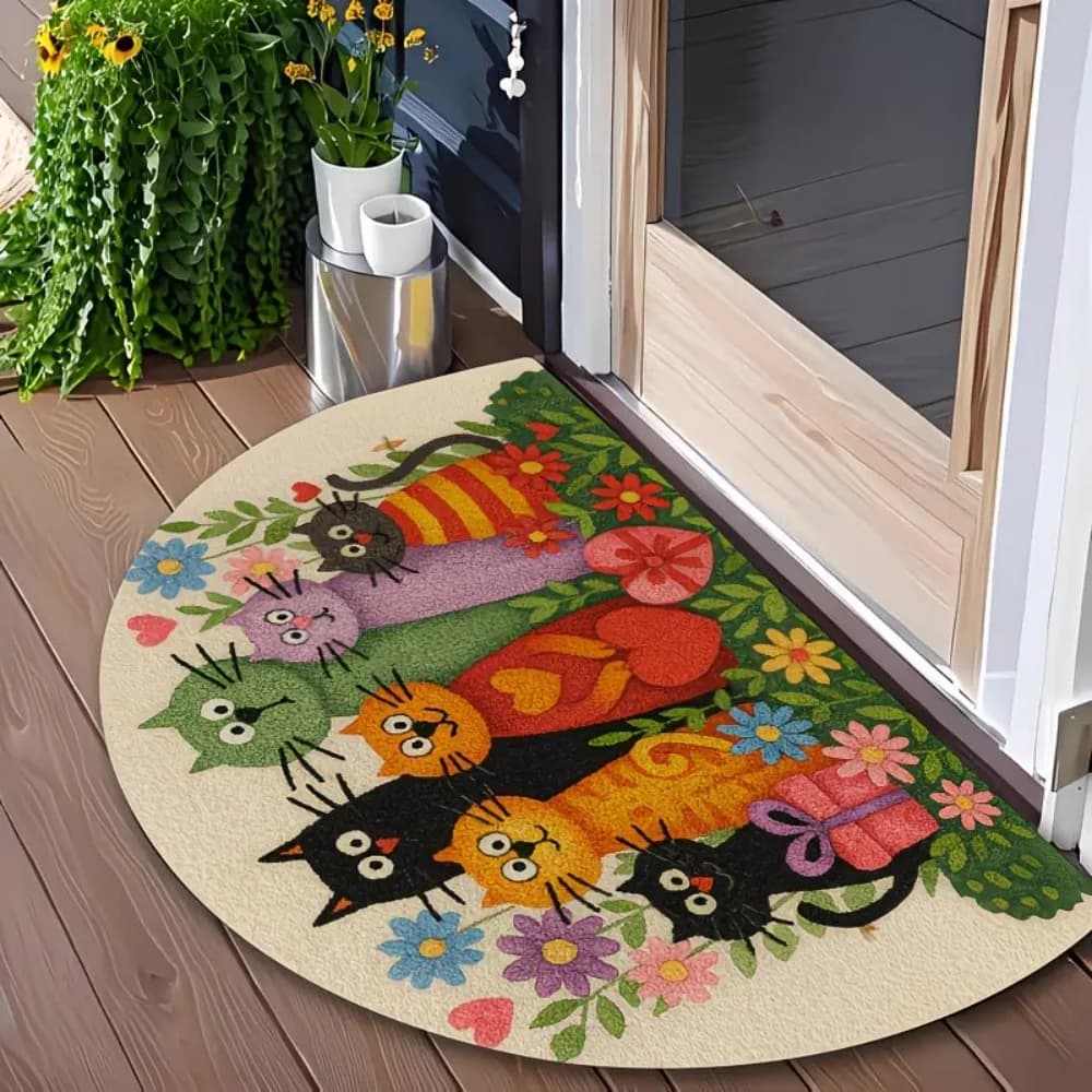 Tappeto d'ingresso semicircolare per gatti multipli, tappetino antiscivolo a mezzaluna per porta d'ingresso, tappeto floreale di benvenuto