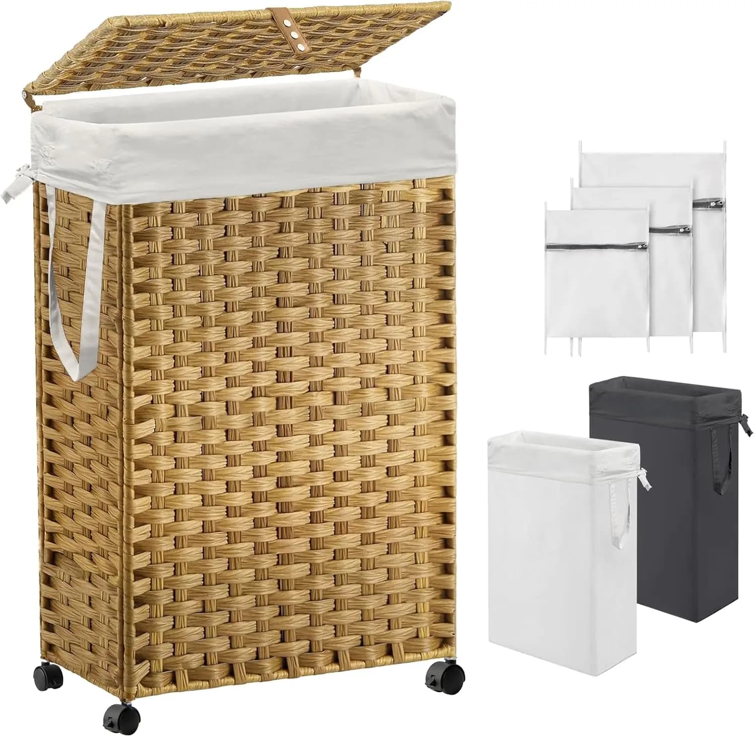 Cesto portabiancheria sottile da 70L con coperchio e ruote, cesto con ruote e foderato rimovibile e sacchi in rete, contenitore pieghevole in rattan