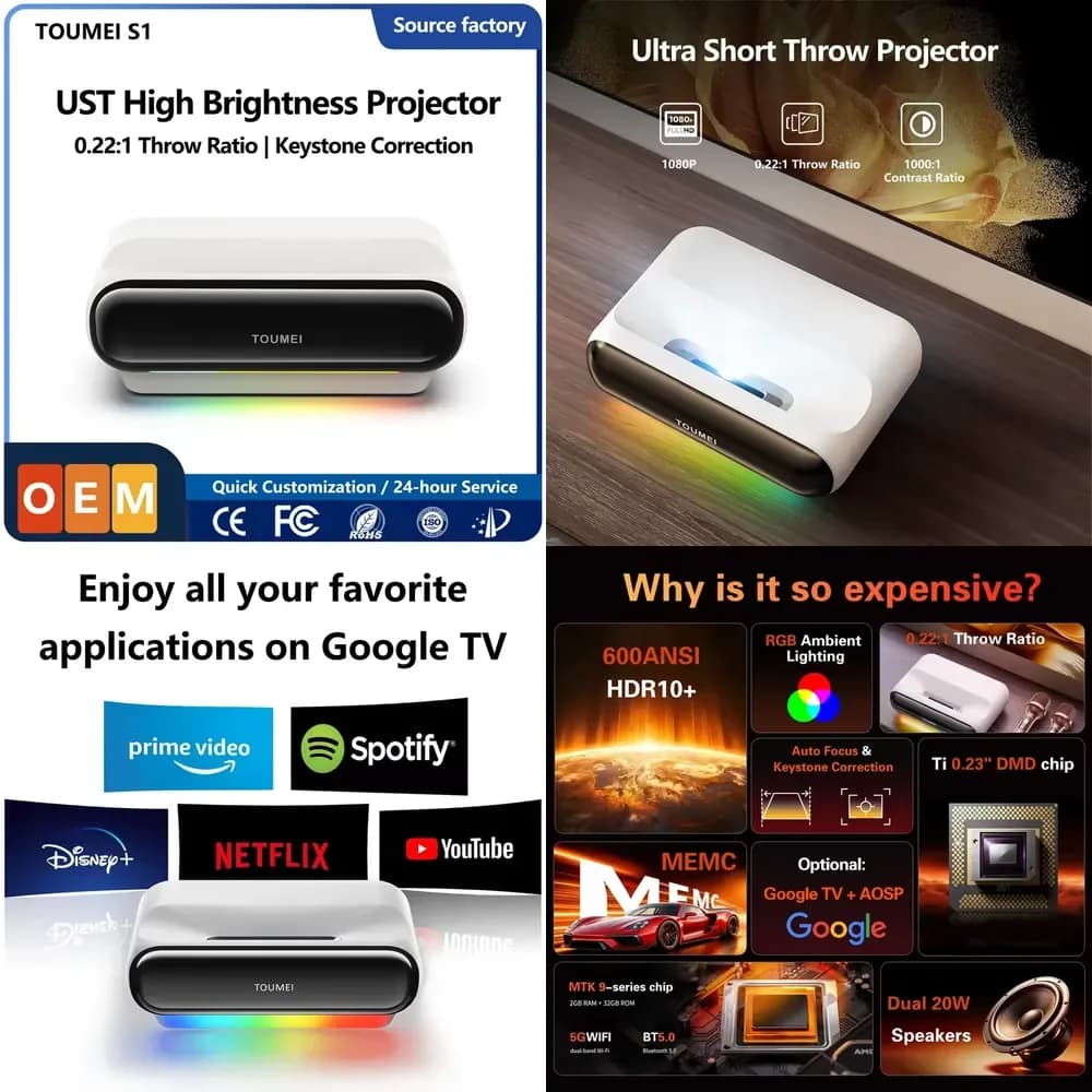 Proiettore DLP Smart Android 1080P WiFi GTV Karaoke con Adattamento Automatico dello Schermo in Tempo Reale HDR10 Proiettore Portatile per Home Theater