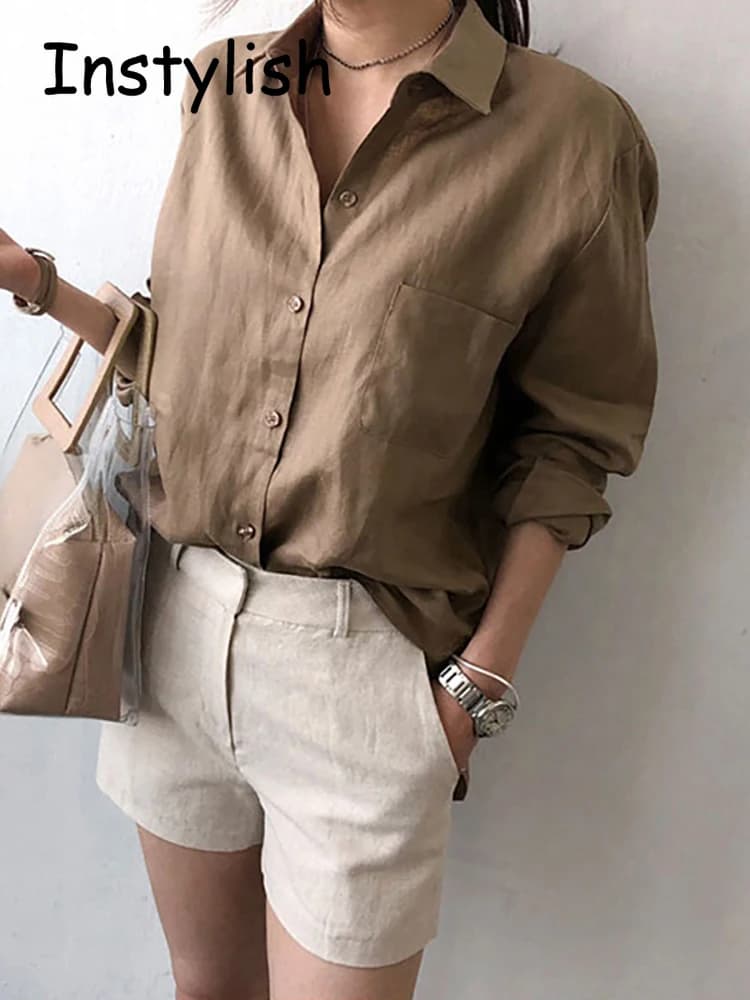 Camicia ampia in lino di cotone a maniche lunghe per il tempo libero Donna Primavera Estate Vintage Harjauku Streetwear Camicetta oversize Elegante top tuniche
