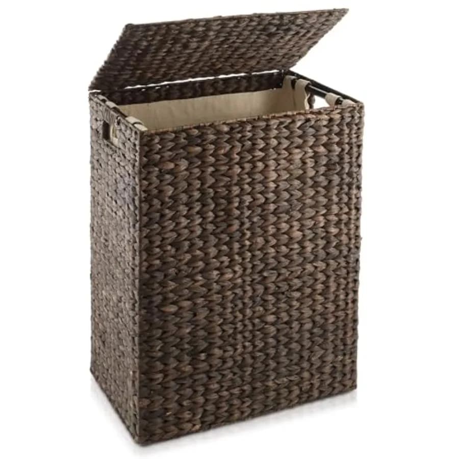 Cesto Portabiancheria Grande con Coperchio, Sacchetto Interno Rimovibile, Marrone Scuro Espresso, Cesto Rettangolare in Giacinto d'Acqua Intrecciato per Camera da Letto e Lavanderia