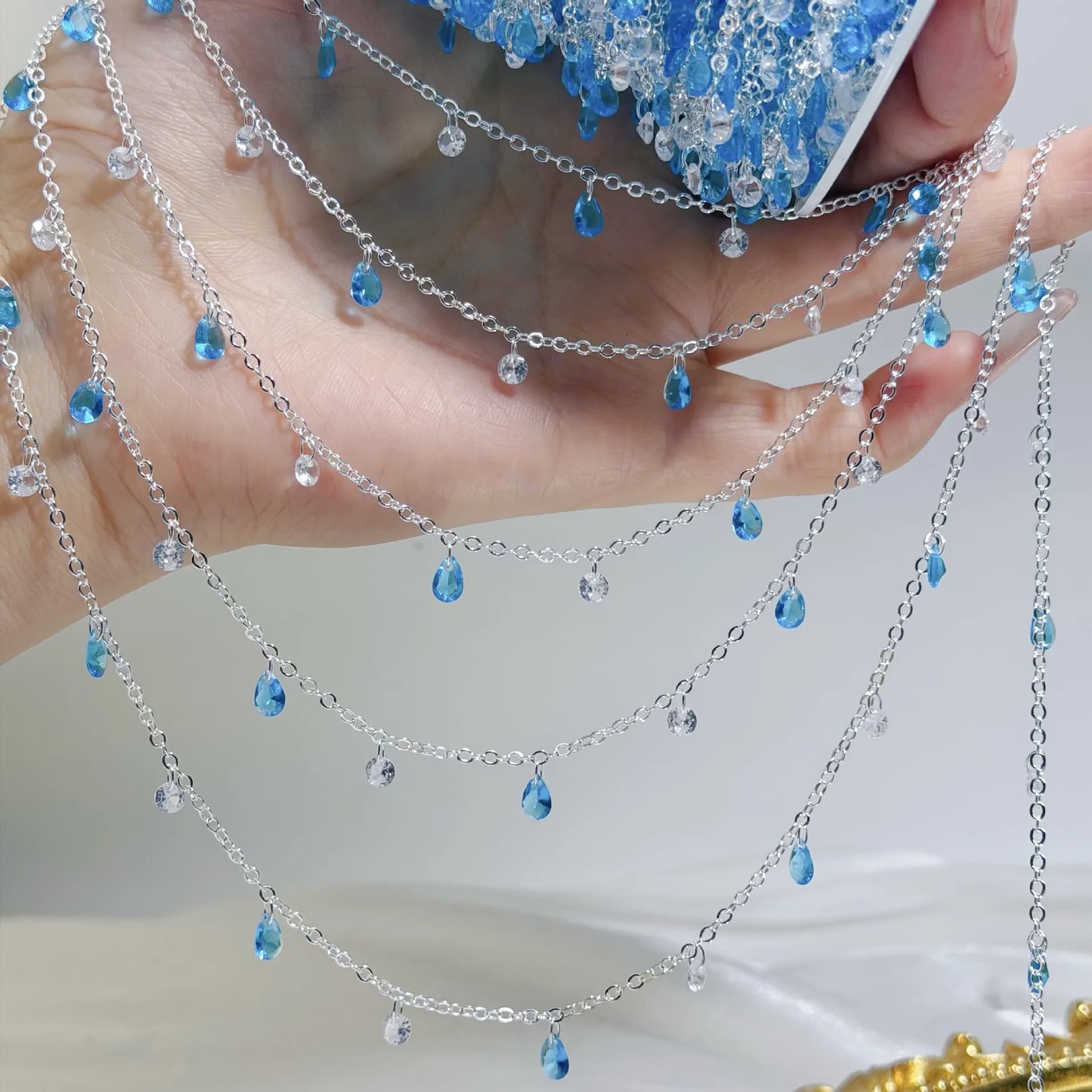0.51/2 M Summer Blue Clear Crystal Drop Beading Chains Copper Plating Chains For DIY Necklace Bracelet Anklet Making Accessories