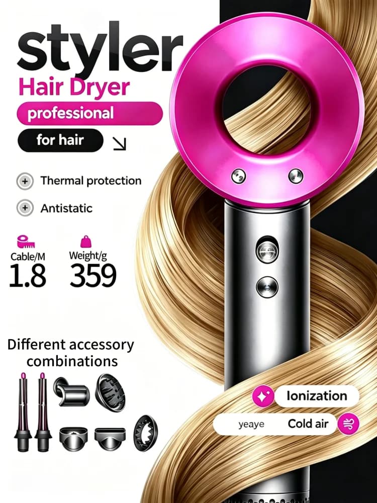 Portable quick-drying hair dryer, leafless, negative ion hair care, curling tips, professional styling tools and accessories