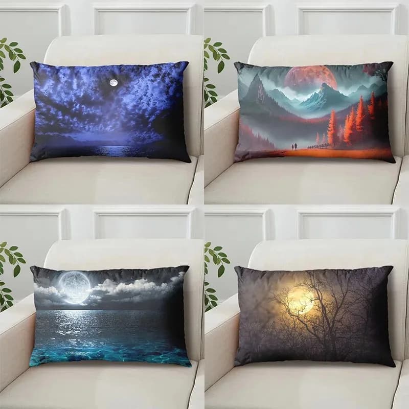 Fodera per cuscino lombare Moonlit Strings, federa minimalista in poliestere con scena notturna per divano e camera da letto, con luna serena e figure domestiche