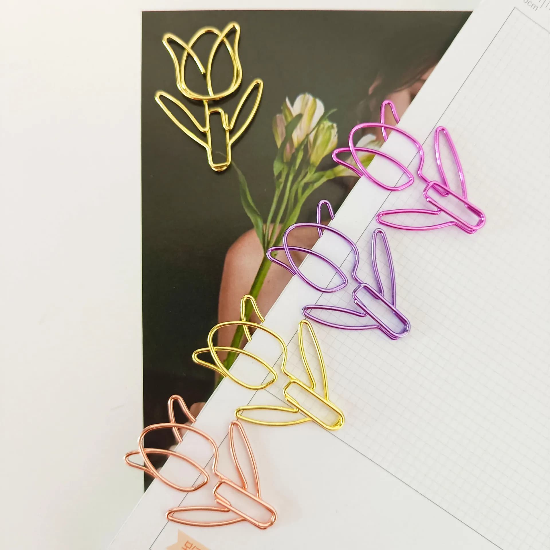 5 pezzi di graffette tulipano Kawaii Notebook Planner Segnalibri Biglietti di cancelleria coreani Clip per foto Forniture per ufficio Cartella segnalibro