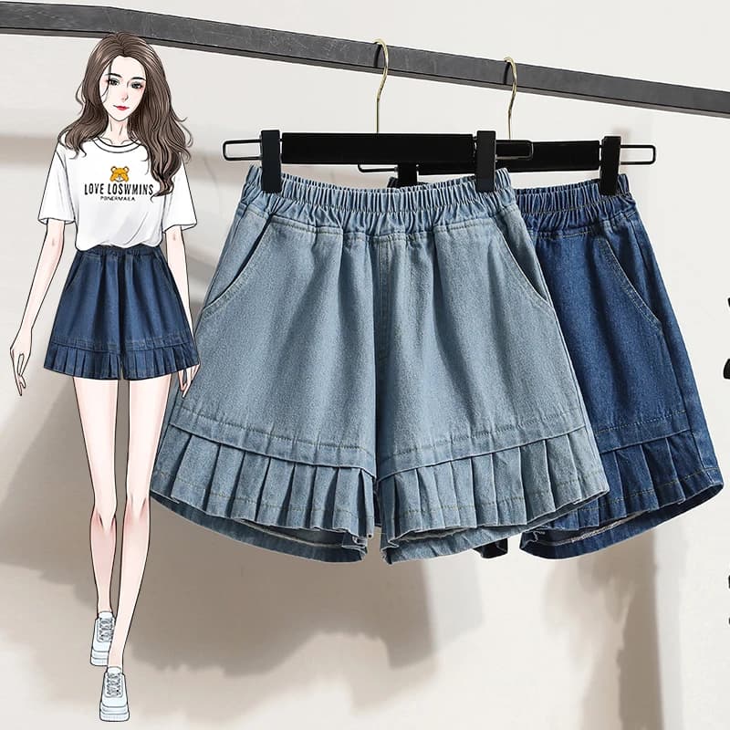 Pantaloncini in denim lavato casual da donna taglie forti, a vita alta, a gamba larga, a cinque punte, modello estivo nuovo