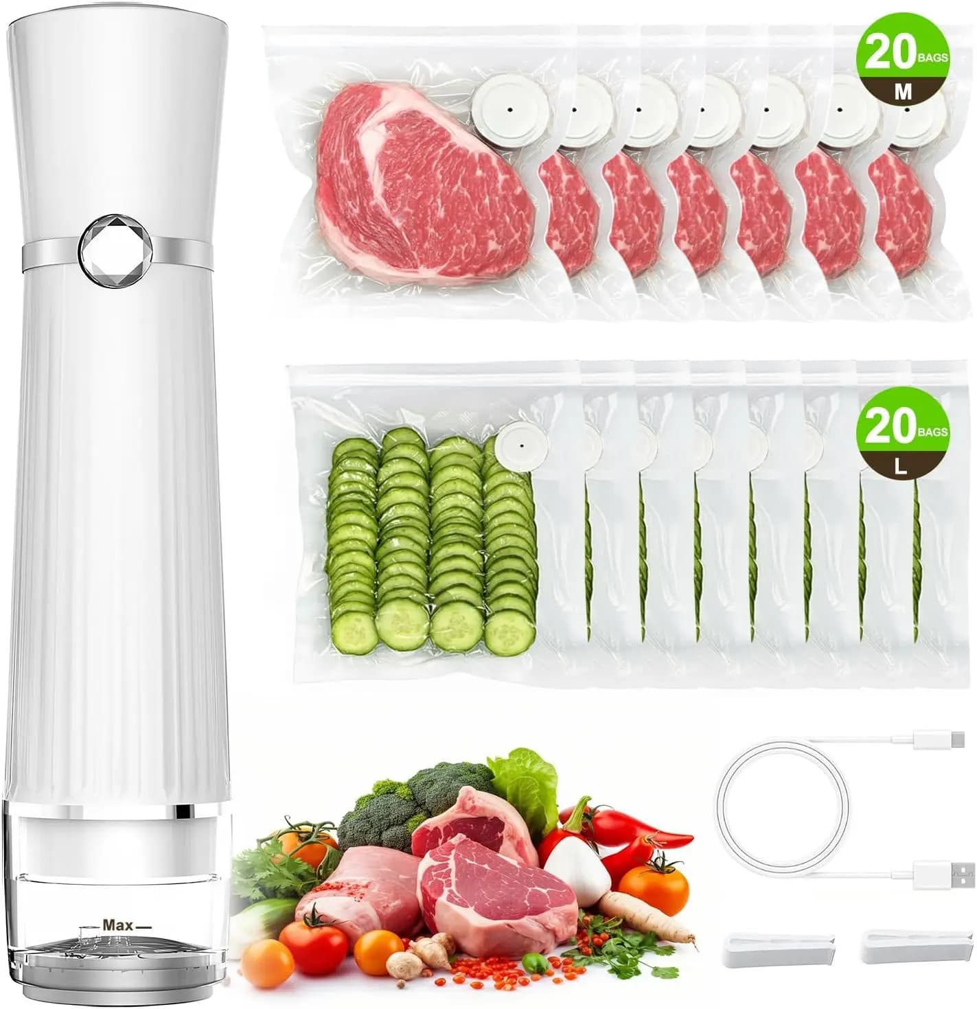 Macchina Sottovuoto Compatta con 40 Sacchetti Riutilizzabili, Potente 80Kpa per Conservazione e Freschezza degli Alimenti
