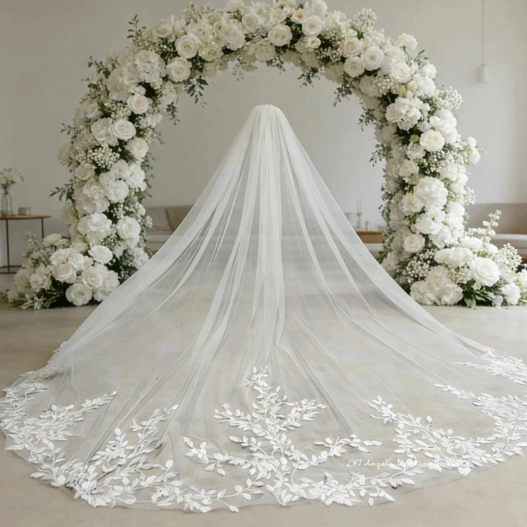 Velo da sposa lungo stile cattedrale con lussuoso pizzo 3D a foglie, bianco avorio, con pettine, 300CM 350CM, per matrimonio