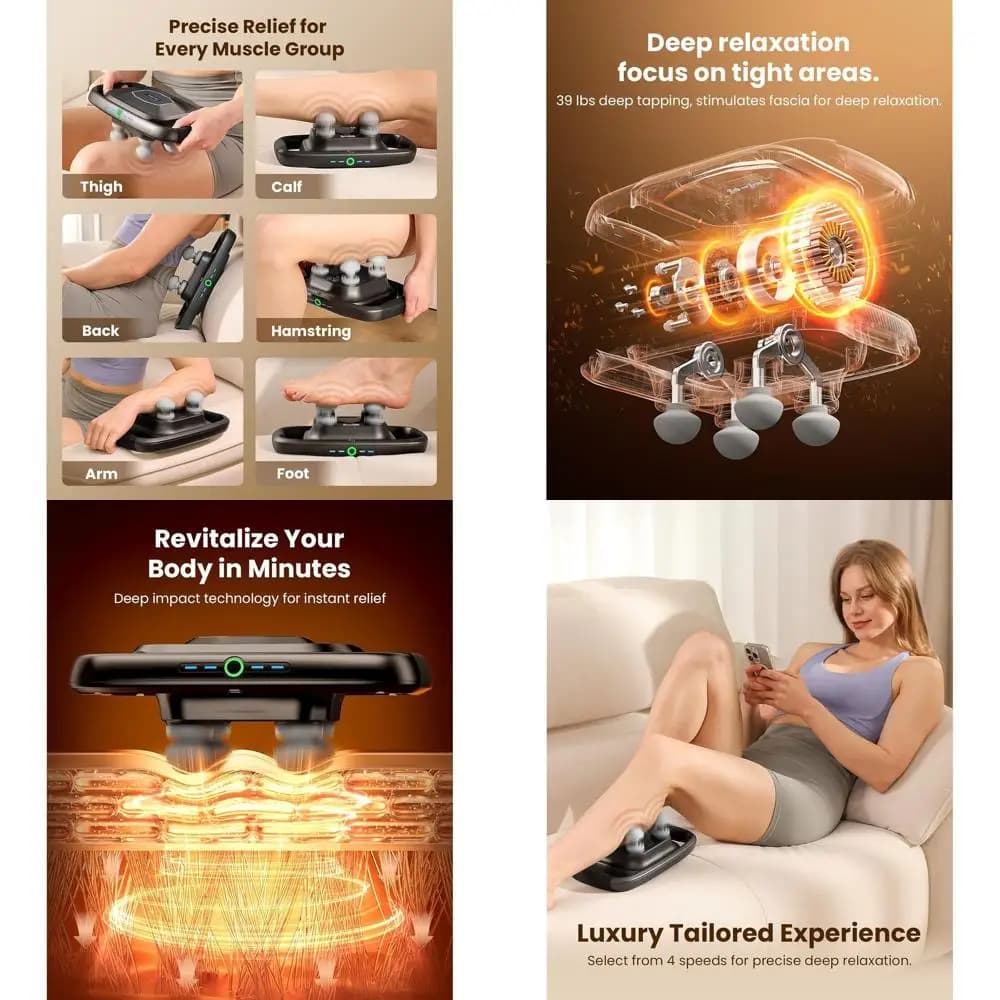 4 Heads Deep Massage Gun, Compatible with FSA/HSA, 4X Pain Relief, Interchangeable Heads and Plates, Body Percussion Electric Instrument