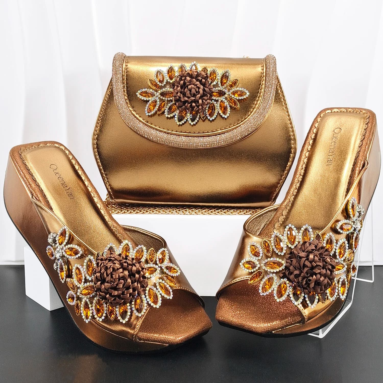 INS Mature Style Coffee Color Party Wedding Lady Wedges Sandal and Bag Set Decorated With Coloful Appliques and Rhinestone