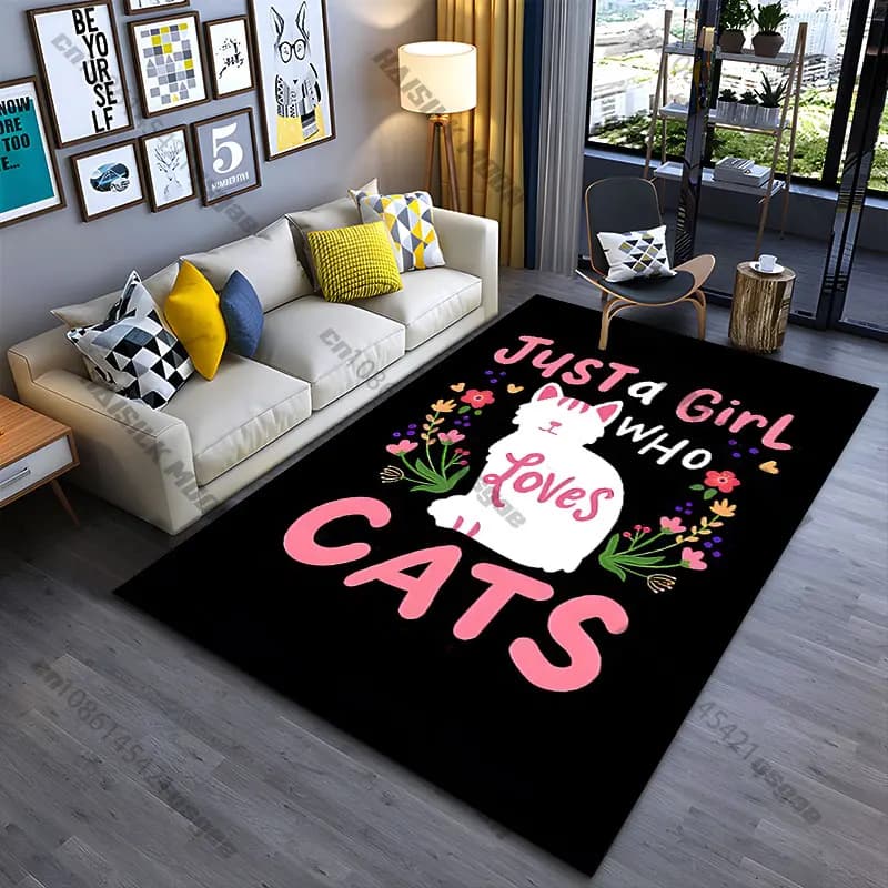 Carpet for children with girl pattern expressing love for cats, yoga carpet, decoration for living room, mat for crawling, tirbino, carpet for games