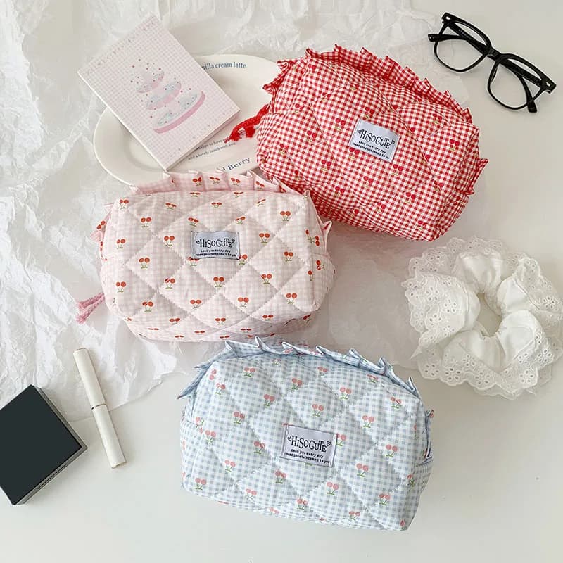 Ins Fresh Red Cherry Quilted Cosmetic Bag Fashion Small Large Toiletry Makeup Storage Bag Cute Lipstick Sanitary Napkin Case