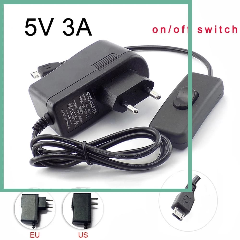 Adattatore di Alimentazione Micro USB 5V 3A 3000mA AC/DC, Caricabatterie 100-240V per Raspberry Pi Zero Tablet E3