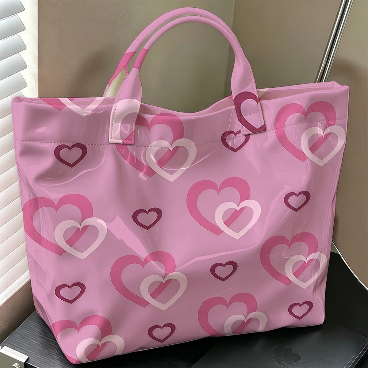 Blush Tone Layered Heart Fashion Large Glossy PVC Tote Bag Hand Washable Waterproof Travel Commute Cosmetic Storage Shopper