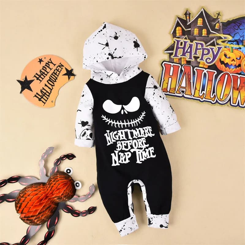 Neonato Neonata Ragazzo Vestiti Halloween Pagliaccetto per bambini Felpe con cappuccio a maniche lunghe Cotone Nightmare Stampa Tuta 0-18 mesi