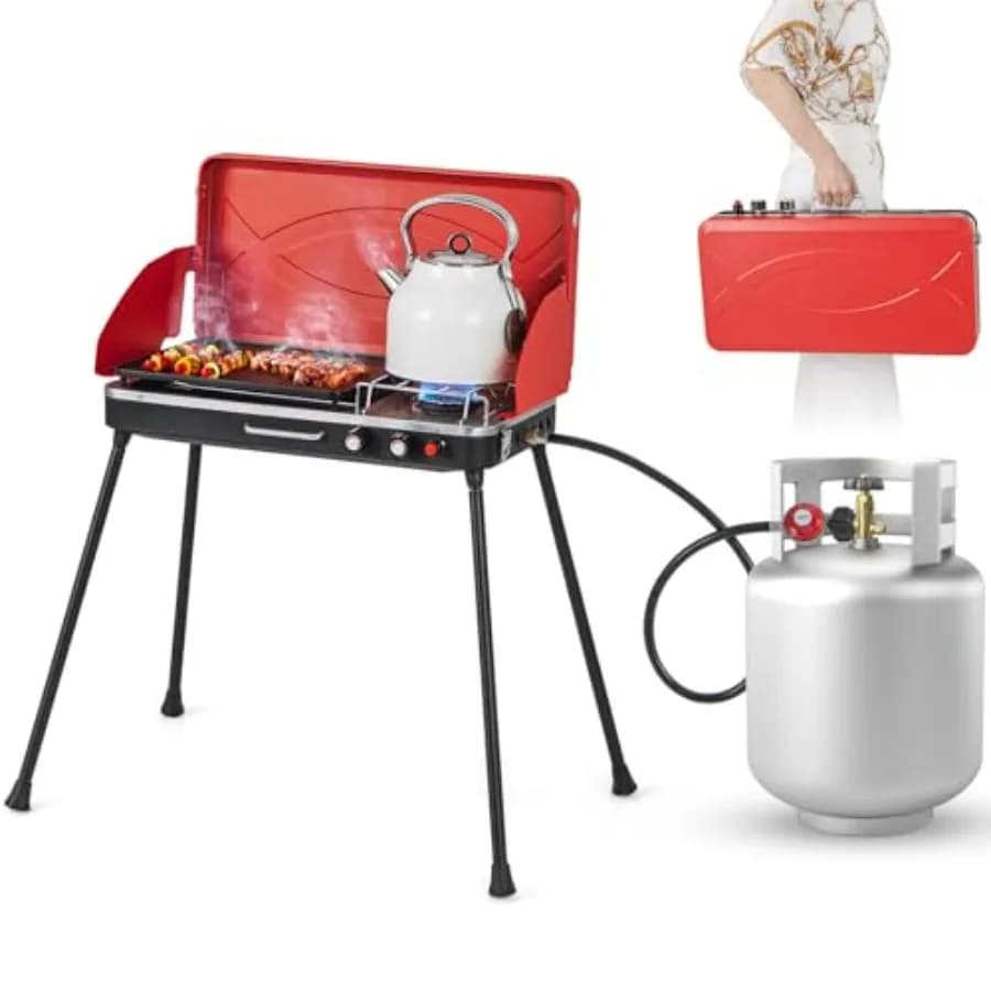Griglia a Gas Portatile a 2 Bruciatori Rossa 20.000 BTU, Doppia Zona di Cottura, Protezione dal Vento, Design Pieghevole, Fornello da Campeggio a Propano per Esterni e Picnic