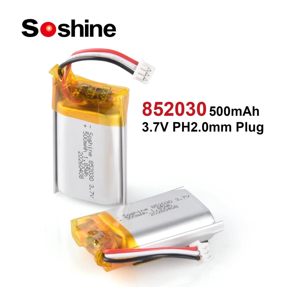 Batterie LIPO Soshine 3.7V 852030 500mAh, Batteria agli Ioni di Litio Polimero 852030 per Telecomandi, iPod, Altoparlanti Bluetooth, GPS
