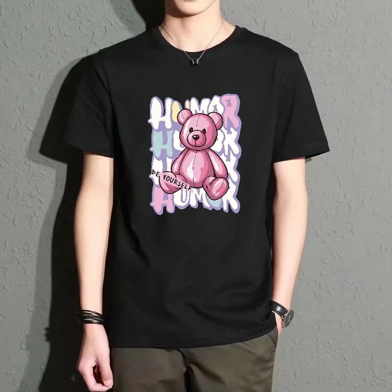 Men's Black Round-Neck Short-Sleeved T-Shirt, Fun Pink Bear Letter Print Top, Street Fashion Casual Style, Versatile, Comfortable and Breathable for Everyday Wear
