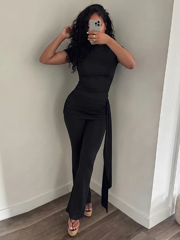 Kliou Set Casual da Donna 2 Pezzi, Abito Mini con Scollo Tondo e Maniche Corte con Decorazione a Nastro + Pantaloni a Zampa, Stile Elegante da Strada