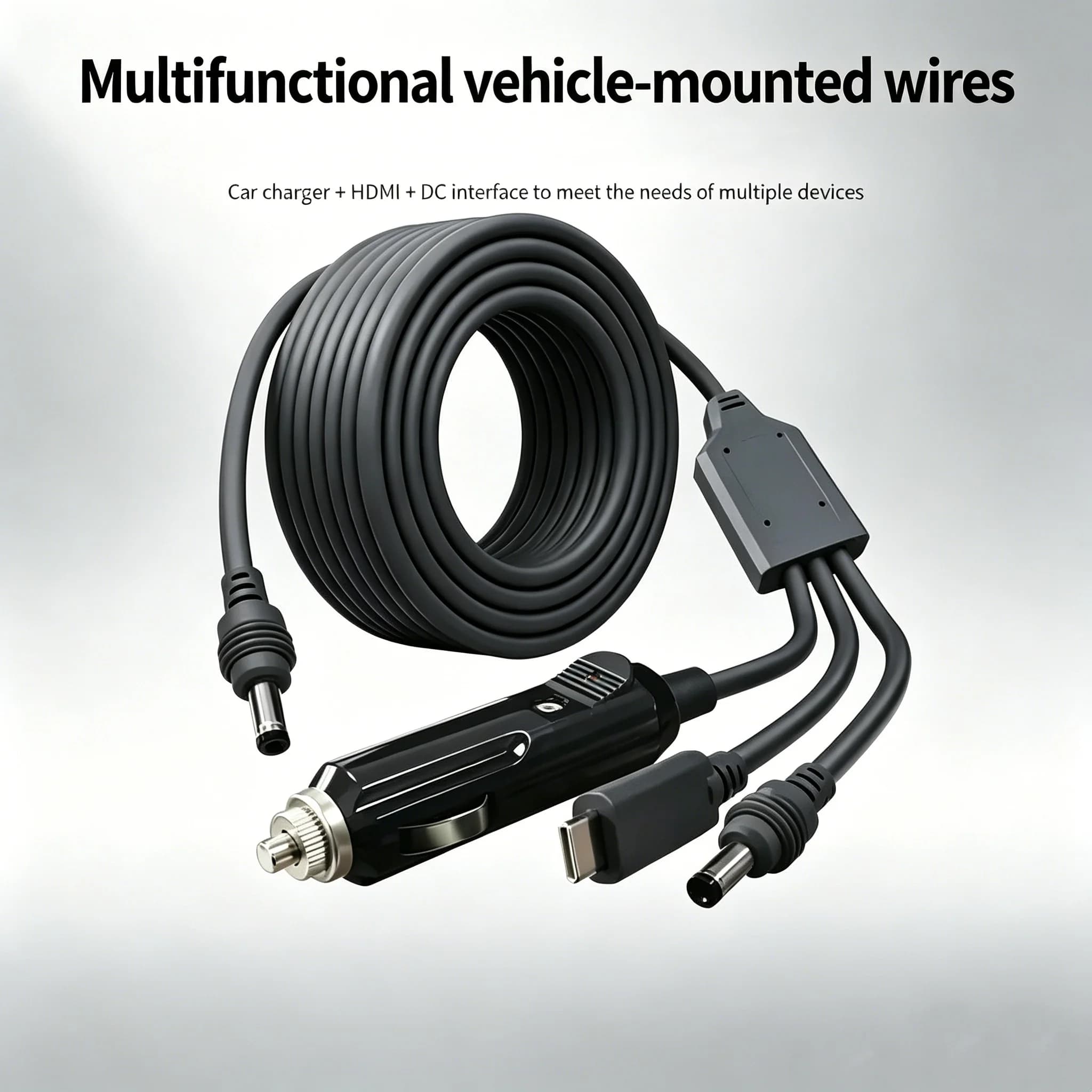 Cavo caricabatterie per auto 3-in-1, cavo di alimentazione per accendisigari 12V con connettore HDMI/DC per dash cam, monitor ed elettronica