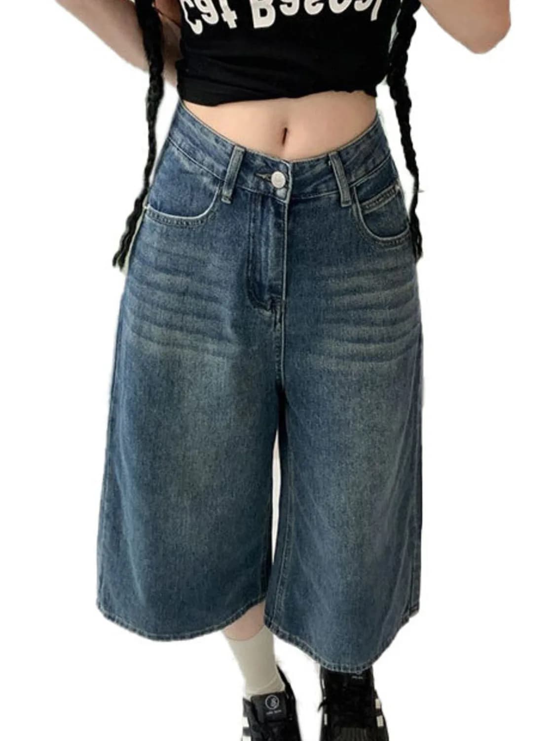 Women Vintage Washed Wide Leg Cropped Jeans High Waist Baggy Denim Shorts Y2K Streetwear